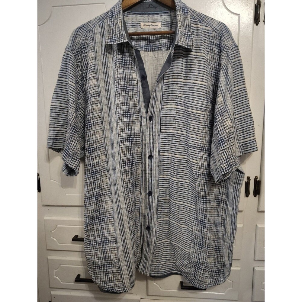 Tommy Bahama Mens Shirt Short Sleeve Button Up Blue White Silk Geometric Sz XXLT